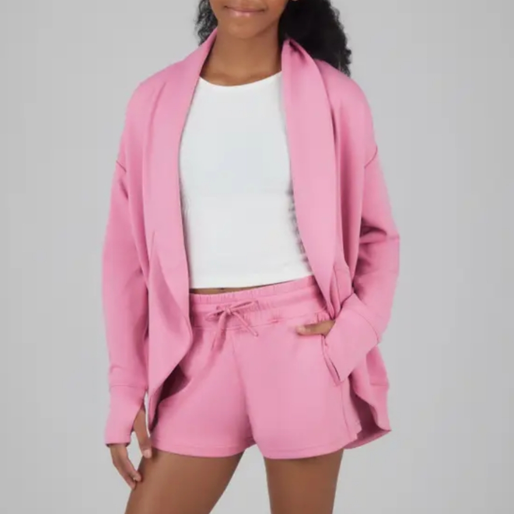 Pink Lounge Set with Open Cardigan, Tank, and Shorts
